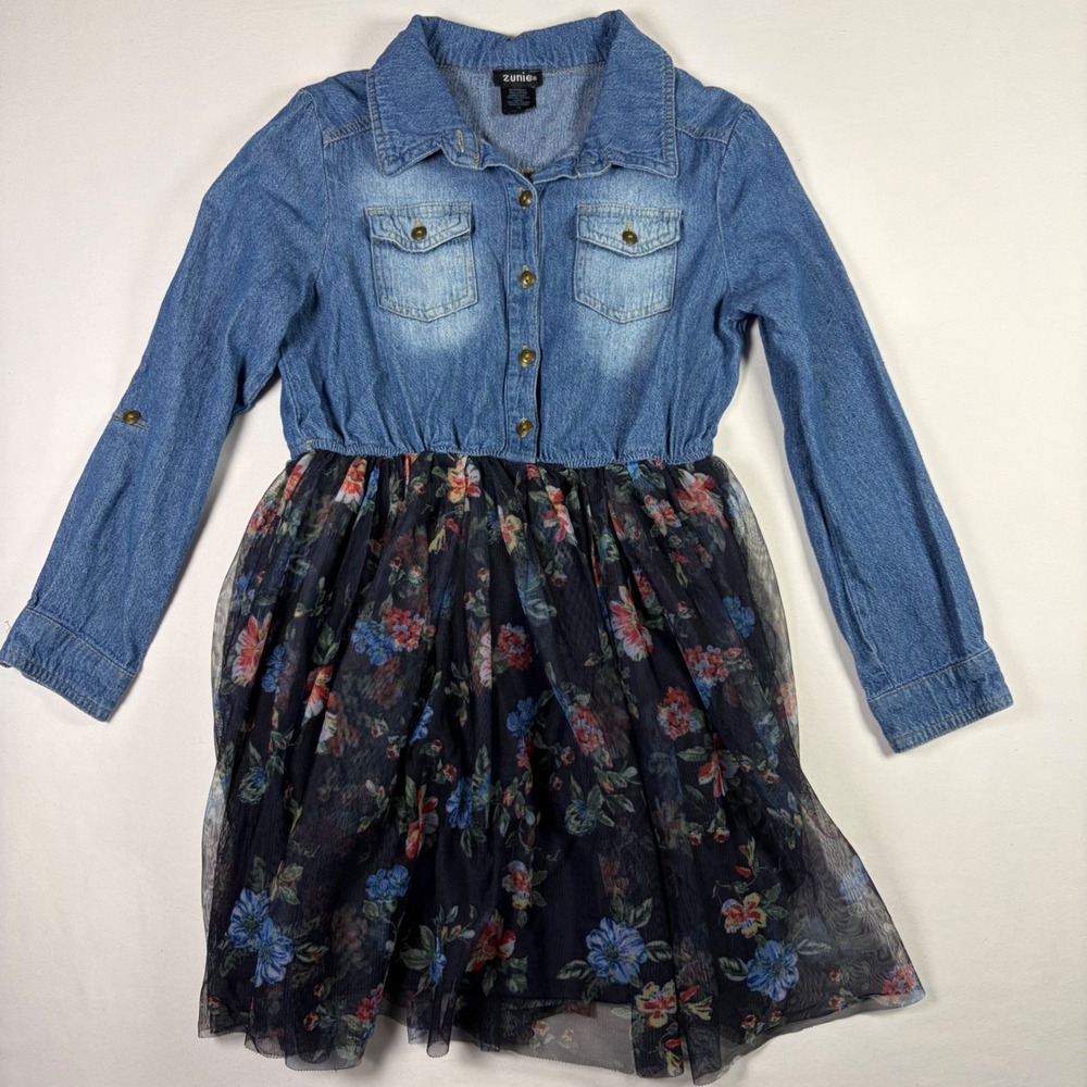 Zunie Denim Floral Tulle Mixed Media Long Sleeve Cottagecore Dress Girls 10